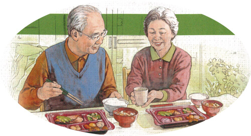 弁当を食べている老夫婦の絵